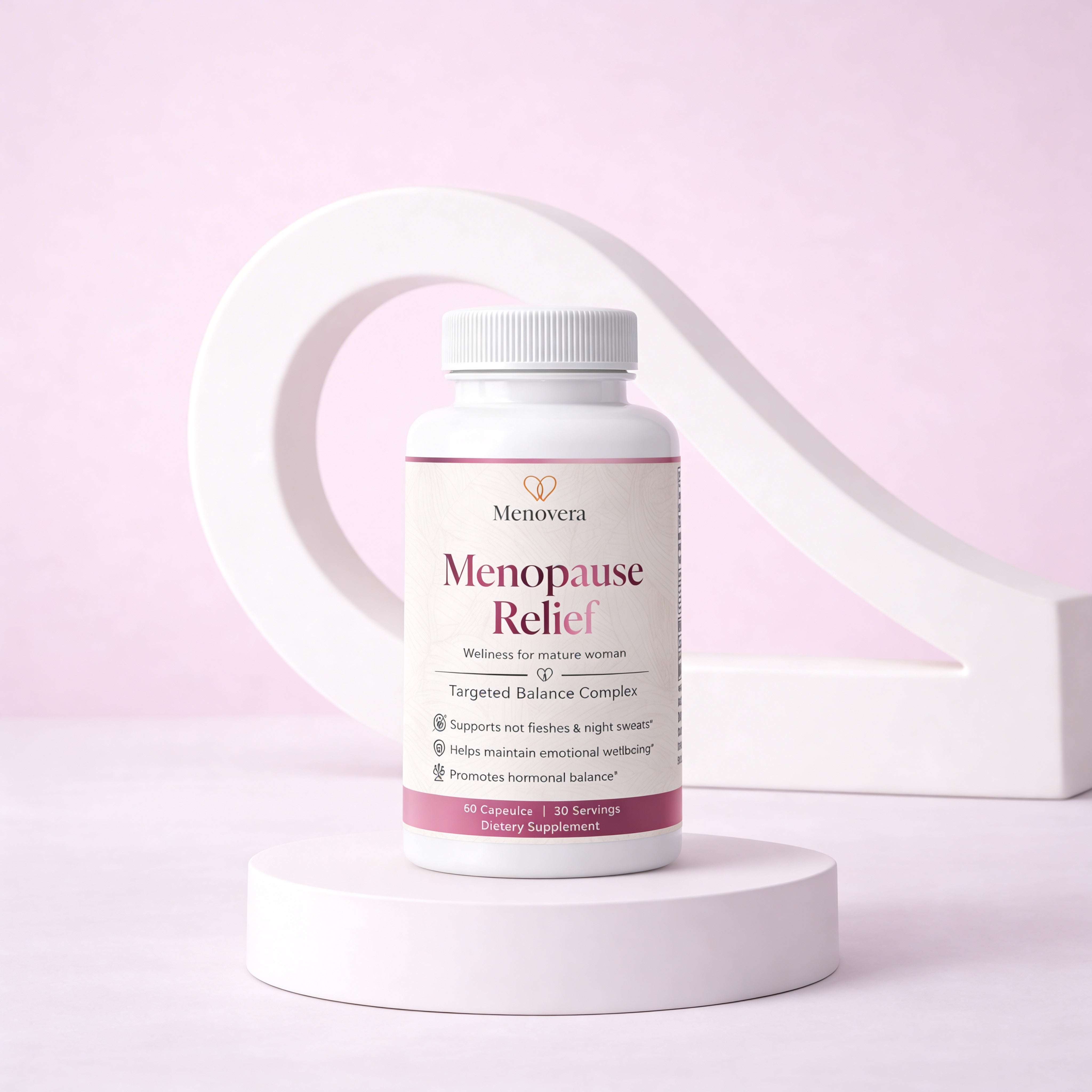 Menopause Relief supplement bottle on a pink background Peamine pilt